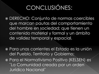    DERECHO: Conjunto de normas coercibles
    que marcan pautas del comportamiento
    del hombre en sociedad; que tienen un
    contenido material y formal y un ámbito
    de validez temporal y espacial.

 Para unas corrientes el Estado es la unión
  del Pueblo, Territorio y Gobierno;
 Para el Normativismo Positivo (KELSEN) es
  ¨La Comunidad creada por un orden
  Jurídico Nacional¨
 