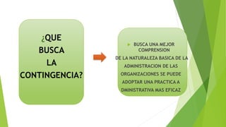 ¿QUE
BUSCA
LA
CONTINGENCIA?
 BUSCA UNA MEJOR
COMPRENSION
DE LA NATURALEZA BASICA DE LA
ADMINISTRACION DE LAS
ORGANIZACIONES SE PUEDE
ADOPTAR UNA PRACTICA A
DMINISTRATIVA MAS EFICAZ
 