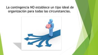 La contingencia NO establece un tipo ideal de
organización para todas las circunstancias.
 