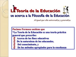 LaTeoría de la EducaciónLaTeoría de la Educación
se acerca a la Filosofía de la Educaciónse acerca a la Filosofía de la Educación
Paciano Fermoso sostiene que
“La Teoría de la Educación es una teoría práctica
general que prescribe:
 Acerca de los fines educativos
 De la naturaleza de los educandos.
 Del conocimiento, y
 De los métodos apropiados para la enseñanza
Paciano Fermoso sostiene que
“La Teoría de la Educación es una teoría práctica
general que prescribe:
 Acerca de los fines educativos
 De la naturaleza de los educandos.
 Del conocimiento, y
 De los métodos apropiados para la enseñanza
Al igual que ella universaliza y generaliza.
 