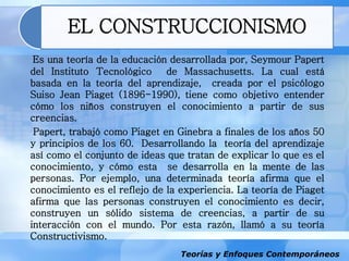 Teorías y Enfoques Contemporáneos
EL CONSTRUCCIONISMO
Es una teoría de la educación desarrollada por, Seymour Papert
del Instituto Tecnológico de Massachusetts. La cual está
basada en la teoría del aprendizaje, creada por el psicólogo
Suiso Jean Piaget (1896-1990), tiene como objetivo entender
cómo los niños construyen el conocimiento a partir de sus
creencias.
Papert, trabajó como Piaget en Ginebra a finales de los años 50
y principios de los 60. Desarrollando la teoría del aprendizaje
así como el conjunto de ideas que tratan de explicar lo que es el
conocimiento, y cómo esta se desarrolla en la mente de las
personas. Por ejemplo, una determinada teoría afirma que el
conocimiento es el reflejo de la experiencia. La teoría de Piaget
afirma que las personas construyen el conocimiento es decir,
construyen un sólido sistema de creencias, a partir de su
interacción con el mundo. Por esta razón, llamó a su teoría
Constructivismo.
 