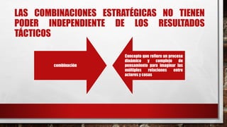 LAS COMBINACIONES ESTRATÉGICAS NO TIENEN
PODER INDEPENDIENTE DE LOS RESULTADOS
TÁCTICOS
combinación
Concepto que refiere un proceso
dinámico y complejo de
pensamiento para imaginar las
múltiples relaciones entre
actores y cosas
 