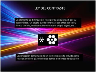 LEY DEL CONTRASTE
Un elemento se distingue del resto por su singularidad, por su
especificidad. Un objeto puede contrastar con otros por color,
forma, tamaño, cualidades intrínsecas del propio objeto, etc...
La percepción del tamaño de un elemento resulta influida por la
relación que éste guarda con los demás elementos del conjunto.
 