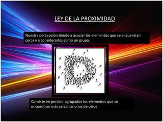 LEY DE LA PROXIMIDAD
Nuestra percepción tiende a asociar los elementos que se encuentran
cerca y a considerarlos como un grupo.
Consiste en percibir agrupados los elementos que se
encuentran más cercanos unos de otros
 