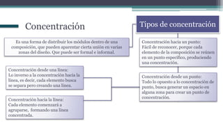 Es una forma de distribuir los módulos dentro de una
composición, que pueden aparentar cierta unión en varias
zonas del diseño. Que puede ser formal e informal.
Tipos de concentración
Concentración hacia un punto:
Fácil de reconocer, porque cada
elemento de la composición se reúnen
en un punto específico, produciendo
una concentración.
Concentración desde un punto:
Todo lo opuesto a lo concentración de
punto, busca generar un espacio en
alguna zona para crear un punto de
concentración.
Concentración hacia la línea:
Cada elemento comenzará a
agruparse, formando una línea
concentrada.
Concentración desde una línea:
Lo inverso a la concentración hacia la
línea, es decir, cada elemento busca
se separa pero creando una línea.
Concentración
 