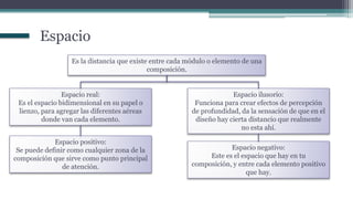 Es la distancia que existe entre cada módulo o elemento de una
composición.
Espacio real:
Es el espacio bidimensional en su papel o
lienzo, para agregar las diferentes aéreas
donde van cada elemento.
Espacio ilusorio:
Funciona para crear efectos de percepción
de profundidad, da la sensación de que en el
diseño hay cierta distancio que realmente
no esta ahí.
Espacio positivo:
Se puede definir como cualquier zona de la
composición que sirve como punto principal
de atención.
Espacio negativo:
Este es el espacio que hay en tu
composición, y entre cada elemento positivo
que hay.
Espacio
 