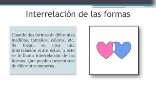 Interrelación de las formas
Cuando dos formas de diferentes
medidas, tamaños, colores, etc.
Se tocan, se crea una
interrelación entre estas; a esto
se le llama interrelación de las
formas. Que pueden presentarse
de diferentes maneras.
 