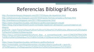 Referencias Bibliográficas
http://fundamentosgrg.blogspot.com/2017/03/tipos-de-repeticion.html
http://artisticaneruda.blogspot.com/2015/04/sexto-formas-simples-y-formas.html
http://maribleduca.blogspot.com/2011/06/superponer.html
https://www.blogartesvisuales.net/diseno-grafico/percepcion-visual/
https://blog.imprentaonline24.es/el-contraste-repeticion-alineacion-y-proximidad-en-el-
diseno-
grafico/#:~:text=Tiene%20que%20ver%20con%20est%C3%ADmulos,diferencia%20notable
%20entre%20dos%20elementos
https://issuu.com/pocopapel/docs/fund_dise__o_concentracion#:~:text=CONCENTRACION
%20Es%20la%20distribuci%C3%B3n%20de,o%20levemente%20repartidos%20en%20otra
s
https://www.blogartesvisuales.net/diseno-grafico/textura/
https://imborrable.com/blog/elementos-visuales-diseno-grafico/#:~:text=IV.-
,El%20Espacio,y%20agruparlos%20dentro%20la%20composici%C3%B3n
 