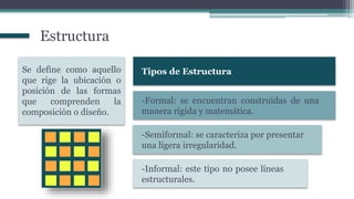 Se define como aquello
que rige la ubicación o
posición de las formas
que comprenden la
composición o diseño.
Estructura
-Formal: se encuentran construidas de una
manera rígida y matemática.
-Semiformal: se caracteriza por presentar
una ligera irregularidad.
-Informal: este tipo no posee líneas
estructurales.
Tipos de Estructura
 