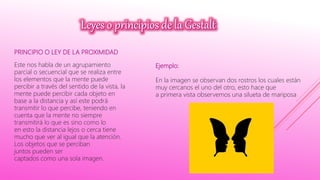 PRINCIPIO O LEY DE LA PROXIMIDAD
Este nos habla de un agrupamiento
parcial o secuencial que se realiza entre
los elementos que la mente puede
percibir a través del sentido de la vista, la
mente puede percibir cada objeto en
base a la distancia y así este podrá
transmitir lo que percibe, teniendo en
cuenta que la mente no siempre
transmitirá lo que es sino como lo
en esto la distancia lejos o cerca tiene
mucho que ver al igual que la atención.
Los objetos que se perciban
juntos pueden ser
captados como una sola imagen.
Ejemplo:
En la imagen se observan dos rostros los cuales están
muy cercanos el uno del otro, esto hace que
a primera vista observemos una silueta de mariposa
 