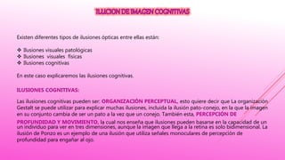 Existen diferentes tipos de ilusiones ópticas entre ellas están:
 Ilusiones visuales patológicas
 Ilusiones visuales físicas
 Ilusiones cognitivas
En este caso explicaremos las ilusiones cognitivas.
ILUSIONES COGNITIVAS:
Las ilusiones cognitivas pueden ser: ORGANIZACIÓN PERCEPTUAL, esto quiere decir que La organización
Gestalt se puede utilizar para explicar muchas ilusiones, incluida la ilusión pato-conejo, en la que la imagen
en su conjunto cambia de ser un pato a la vez que un conejo. También esta, PERCEPCIÓN DE
PROFUNDIDAD Y MOVIMIENTO, la cual nos enseña que ilusiones pueden basarse en la capacidad de un
un individuo para ver en tres dimensiones, aunque la imagen que llega a la retina es solo bidimensional. La
ilusión de Ponzo es un ejemplo de una ilusión que utiliza señales monoculares de percepción de
profundidad para engañar al ojo.
 
