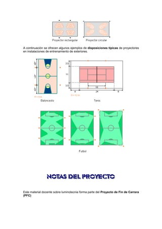 A continuación se ofrecen algunos ejemplos de disposiciones típicas de proyectores 
en instalaciones de entrenamiento de exteriores. 
Este material docente sobre luminotecnia forma parte del Proyecto de Fin de Carrera 
(PFC) 
 