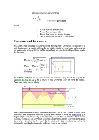 · Cálculo del número de luminarias. 
redondeado por exceso 
donde: 
· N es el número de luminarias 
· es el flujo luminoso total 
· es el flujo luminoso de una lámpara 
· n es el número de lámparas por luminaria 
Emplazamiento de las luminarias 
Una vez hemos calculado el número mínimo de lámparas y luminarias procederemos a 
distribuirlas sobre la planta del local. En los locales de planta rectangular las luminarias 
se reparten de forma uniforme en filas paralelas a los ejes de simetría del local según 
las fórmulas: 
donde N es el número de 
luminarias 
La distancia máxima de separación entre las luminarias dependerá del ángulo de 
apertura del haz de luz y de la altura de las luminarias sobre el plano de trabajo. 
Veámoslo mejor con un dibujo: 
Como puede verse fácilmente, mientras más abierto sea el haz y mayor la altura de la 
luminaria más superficie iluminará aunque será menor el nivel de iluminancia que 
llegará al plano de trabajo tal y como dice la ley inversa de los cuadrados. De la misma 
manera, vemos que las luminarias próximas a la pared necesitan estar más cerca para 
iluminarla (normalmente la mitad de la distancia). Las conclusiones sobre la 
separación entre las luminarias las podemos resumir como sigue: 
 