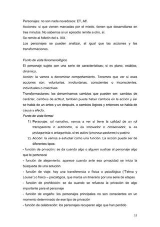 33
Personajes: no son nada novedosos: ET, Alf.
Acciones: si que vienen marcadas por el miedo, tienen que desarrollarse en
tres minutos. No sabemos si un episodio remite a otro, sí.
Se remite al folletín del s. XIX.
Los personajes se pueden analizar, al igual que las acciones y las
transformaciones.
Punto de vista fenomenológico
El personaje sujeto con una serie de características; si es plano, estático,
dinámico.
Acción: la vamos a denominar comportamiento. Tenemos que ver si esas
acciones son: voluntarias, involuntarias, conscientes o inconscientes,
individuales o colectivas.
Transformaciones: los denominamos cambios que pueden ser: cambios de
carácter, cambios de actitud, también puede haber cambios en la acción y así
se habla de un antes y un después, o cambios lógicos y entonces se habla de
causa y efecto.
Punto de vista formal
1) Personaje: rol narrativo. vamos a ver si tiene la calidad de un rol
transparente o autónomo, si es innovador o conservador, si es
protagonista o antagonista, si es activo (provoca pasiones) o pasivo
2) Acción: la vamos a estudiar como una función. La acción puede ser de
diferentes tipos:
- función de privación: se da cuando algo o alguien sustrae al personaje algo
que le pertenece
- función de alejamiento: aparece cuando ante esa privacidad se inicia la
búsqueda de una solución
- función de viaje: hay una transferencia o física o psicológica (“Telma y
Louise”) o físico – psicológica, que marca un itinerario por una serie de etapas
- función de prohibición: se da cuando se refuerza la privación de algo
importante para el personaje
- función de engaño: los personajes principales no son conscientes en un
momento determinado de ese tipo de privación
- función de celebración: los personajes recuperan algo que han perdido
 