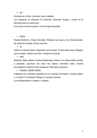 6
 PP
Centrado en el líder. Gaviotas, tierra, caballos.
Las imágenes no refuerzan el contenido. Aparecen Iturgaiz y Aznar en la
Moncloa (esto es subliminal).
Al principio música tranquila, al final single del partido.
 PSOE
Nicolás Redondo y Felipe González. Mensaje muy largo y muy desfavorecido.
No queda el mensaje. Se les nota leer.
 IU
Utilizan el vasco/euskera. Repetición del mensaje. El texto está mejor trabajado
que la imagen. Música con ritmo, imágenes de gente.
 PNV
Ibarretxe. Mejor palabra. Habla directamente, implica. Los planos están torcidos
a propósito. Aparecen los otros tres líderes (momento sofá). Camisa
remangada es señal de estar trabajando. Mensaje y personas.
 EUSKAL HERRITAROK
Imágenes muy violentas seguidas de una “parodia informativa”. Intentan apelar
a un deseo. El candidato (Otegui) no aparece apenas.
Los publireportajes no apelan, no llegan.
 
