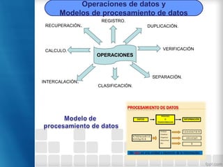 EL PROBLEMA
SEPARACIÓN.
EMPRESA
INVENTARIOS
DE MATERIALES
EQUIPOS Y
HERRAMIENTAS
PROPUESTA
OPERACIONESOPERACIONES
REGISTRO.
DUPLICACIÓN.
VERIFICACIÓN
CLASIFICACIÓN.
INTERCALACIÓN.
CALCULO.
RECUPERACIÓN.
Operaciones de datos y
Modelos de procesamiento de datos
 