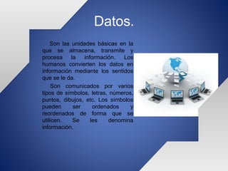 Datos.
Son las unidades básicas en la
que se almacena, transmite y
procesa la información. Los
humanos convierten los datos en
información mediante los sentidos
que se le da.
Son comunicados por varios
tipos de símbolos, letras, números,
puntos, dibujos, etc. Los símbolos
pueden ser ordenados y
reordenados de forma que se
utilicen. Se les denomina
información.
 