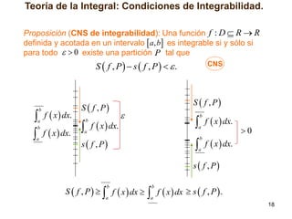 Teoría de la Integral: Condiciones de Integrabilidad.
Proposición (CNS de integrabilidad): Una función f : D  R  R
definida y acotada en un intervalo  a, b es integrable si y sólo si
para todo   0 existe una partición P tal que

S  f , P  s  f , P  .

S  f , P

S  f , P


 f  x  dx.
 f  x  dx.
 f  x  dx.
b

a
b

a

CNS

 f  x  dx.
b

b

a

a

0

 f  x  dx.

s  f , P

b

a

s  f , P

S  f , P    f  x  dx 
b

a

 f  x  dx  s  f , P  .
b

a

18

 