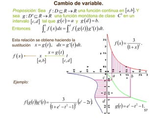 Cambio de variable.
Proposición: Sea f : D  R  R una función continua en  a, b. Y
1
sea g : D '  R  R una función monótona de clase C en un
intervalo  c, d  tal que g  c   a y g  d   b.

 f  x  dx   f  g t  g ' t  dt.
b

a

Entonces

d

c

3
f x  
.
2
1  x 

Esta relación se obtiene haciendo la
sustitución x  g  t  , dx  g '  t  dt.

f  x

x

x  g t 

 a, b 

t

 c, d 
c

a

b

Ejemplo:

f g t g ' t  

3

1  e  t
t

2



1

2

e

t



 2t .

d

g t   et  t 2  1.
57

 