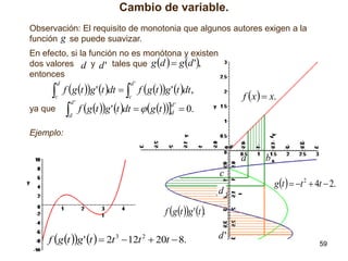 Cambio de variable.
Observación: El requisito de monotonia que algunos autores exigen a la
función g se puede suavizar.
En efecto, si la función no es monótona y existen
dos valores d y d ' tales que g d   g d ',
entonces

c f g t g ' t dt  c f g t g ' t dt,
d'
d'
ya que  f g t g ' t dt   g t d  0.
d
d

d'

f x   x.

Ejemplo:

a
c

d

b
g t   t 2  4t  2.

f g t g ' t .
f g t g ' t   2t 3  12t 2  20t  8.

d'
59

 