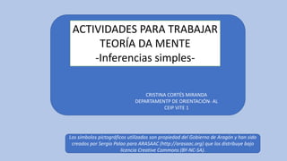 ACTIVIDADES PARA TRABAJAR
TEORÍA DA MENTE
-Inferencias simples-
Los símbolos pictográficos utilizados son propiedad del Gobierno de Aragón y han sido
creados por Sergio Palao para ARASAAC (http://arasaac.org) que los distribuye bajo
licencia Creative Commons (BY-NC-SA).
CRISTINA CORTÉS MIRANDA
DEPARTAMENTP DE ORIENTACIÓN- AL
CEIP VITE 1
 