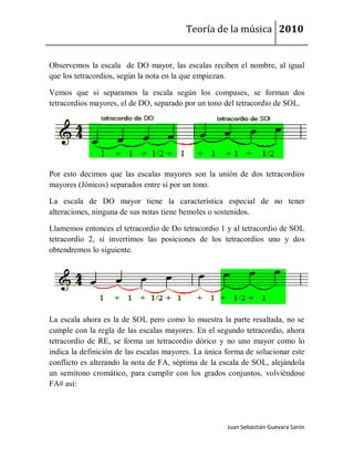 Teoría de la música 2010


Observemos la escala de DO mayor, las escalas reciben el nombre, al igual
que los tetracordios, según la nota en la que empiezan.

Vemos que si separamos la escala según los compases, se forman dos
tetracordios mayores, el de DO, separado por un tono del tetracordio de SOL.




Por esto decimos que las escalas mayores son la unión de dos tetracordios
mayores (Jónicos) separados entre sí por un tono.

La escala de DO mayor tiene la característica especial de no tener
alteraciones, ninguna de sus notas tiene bemoles o sostenidos.

Llamemos entonces el tetracordio de Do tetracordio 1 y al tetracordio de SOL
tetracordio 2, si invertimos las posiciones de los tetracordios uno y dos
obtendremos lo siguiente.




La escala ahora es la de SOL pero como lo muestra la parte resaltada, no se
cumple con la regla de las escalas mayores. En el segundo tetracordio, ahora
tetracordio de RE, se forma un tetracordio dórico y no uno mayor como lo
indica la definición de las escalas mayores. La única forma de solucionar este
conflicto es alterando la nota de FA, séptima de la escala de SOL, alejándola
un semitono cromático, para cumplir con los grados conjuntos, volviéndose
FA# así:




                                                      Juan Sebastián Guevara Sanín
 