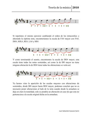 Teoría de la música 2010




Si repetimos el mismo ejercicio cambiando el orden de los tetracordios y
alterando la séptima nota, encontraríamos la escala de FA# mayor con FA#,
DO#, SOL#, RE#, LA# y MI#:




Y como terminando el asunto, encontramos la escala de DO# mayor, esta
escala tiene todas las notas sostenidas, así como la de DO mayor no tiene
ninguna alteración la de DO# tiene todas las alteraciones se vería así:




Ya hemos visto la aparición de las escalas mayores con alteraciones de
sostenidos, desde DO mayor hasta DO# mayor, podemos concluir que no es
necesario poner alteraciones al lado de la nota cuando desde la armadura se
deja en claro la tonalidad, solo se pondría un alteración en caso de que esta no
perteneciera a la escala original dicha en la armadura.




                                                       Juan Sebastián Guevara Sanín
 