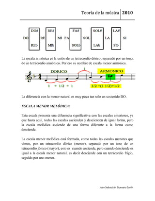 Teoría de la música 2010




La escala armónica es la unión de un tetracordio dórico, separado por un tono,
de un tetracordio armónico. Por eso su nombre de escala menor armónica.




La diferencia con la menor natural es muy poca tan solo un sostenido DO.

ESCALA MENOR MELÓDICA:

Esta escala presenta una diferencia significativa con las escalas anteriores, ya
que hasta aquí, todas las escalas ascienden y descienden de igual forma, pero
la escala melódica asciende de una forma diferente a la forma como
desciende.

La escala menor melódica está formada, como todas las escalas menores que
vimos, por un tetracordio dórico (menor), separado por un tono de un
tetracordio jónico (mayor), esto es cuando asciende, pero cuando desciende es
igual a la escala menor natural, es decir desciende con un tetracordio frigio,
seguido por uno menor.




                                                       Juan Sebastián Guevara Sanín
 