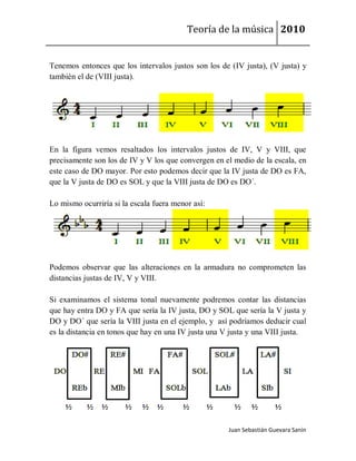 Teoría de la música 2010


Tenemos entonces que los intervalos justos son los de (IV justa), (V justa) y
también el de (VIII justa).




En la figura vemos resaltados los intervalos justos de IV, V y VIII, que
precisamente son los de IV y V los que convergen en el medio de la escala, en
este caso de DO mayor. Por esto podemos decir que la IV justa de DO es FA,
que la V justa de DO es SOL y que la VIII justa de DO es DO´.

Lo mismo ocurriría si la escala fuera menor así:




Podemos observar que las alteraciones en la armadura no comprometen las
distancias justas de IV, V y VIII.

Si examinamos el sistema tonal nuevamente podremos contar las distancias
que hay entra DO y FA que sería la IV justa, DO y SOL que sería la V justa y
DO y DO´ que sería la VIII justa en el ejemplo, y así podríamos deducir cual
es la distancia en tonos que hay en una IV justa una V justa y una VIII justa.




                                                      Juan Sebastián Guevara Sanín
 