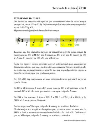 Teoría de la música 2010


INTERVALOS MAYORES:
Los intervalos mayores son aquéllos que encontramos sobre la escala mayor
excepto los justos (IV-V-VIII). Dejándonos que los intervalos mayores pueden
ser de II-III-VI y VII.
Sigamos con el ejemplo de la escala de do mayor.




Tenemos que los intervalos mayores se encuentran sobre la escala mayor de
manera que de DO a RE hay una II mayor, de DO a MI una III mayor, de DO
a LA una VI mayor y de DO a SI una VII mayor.

Basta con hacer el mismo ejercicio sobre el sistema tonal, para encontrar las
distancias en tonos que hay en estos intervalos mayores. Siempre manteniendo
las reglas que se mencionaron: avanzar lo más que se pueda en tonos enteros y
hacer la cuenta siempre por grados conjuntos.

De DO a RE hay exactamente un tono, entonces decimos que una II mayor es
igual a 1 tono.

De DO a MÍ tenemos: 1 tono a RE y otro tanto de RE a MI entonces serian 2
tonos de DO a MI, decimos que una tercera mayor es igual a 2 tonos.

De DO a LA tenemos: 1 tono a RE. 2 a MI, 3 a FA# y 4 a SOL#, y de
SOL# a LA un semitono diatónico.

Decimos que una VI mayor es igual a 4 tonos y un semitono diatónico.
El mismo ejercicio se aplica a la séptima pero podemos sumar un tono más de
SOL# a LA# y nuevamente un semitono diatónico de LA# a SI. Decimos así
que un VII mayor es igual a 5 tonos y un semitono cromático.

                                                     Juan Sebastián Guevara Sanín
 