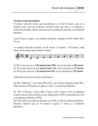 Teoría de la música 2010



INTERVALOS MENORES:
El primer intervalo menor que encontramos es el de II menor, esta es la
distancia más corta que podemos encontrar entre una nota y su siguiente y
como está diseñado nuestro sistema tonal esa distancia equivale a un semitono
diatónico.

Una II menor es igual a un semitono diatónico. Ejemplo de DO a REb, MI a
FA etc.

Los demás intervalos menores de III menor, VI menor y VII menor, están
dentro de la escala menor natural o eólica.




La III en este caso no es MI natural sino MIb, eso la convierte en III menor.
La VI en este caso no es LA natural sino LAb, eso la convierte en VI menor.
La VII en este caso no es SI natural sino Sib, eso la convierte en VII menor.

Aplicando las mismas normas encontramos:

De DO a MIb hay: 1 tono entre DO y RE y un semitono diatónico entre RE y
MIb, entonces la III menor es igual a 1 tono y un semitono diatónico.

De DO a LAb hay: 1 tono a RE, 2 tonos a MI, 3 tonos a FA#, no podemos
avanzar más por tonos enteros ya que llegaríamos a SOL# enarmónico de LAb
y no podemos saltarnos el SOL.
De FA# a SOL un semitono diatónico y de SOL a LAb un semitono diatónico.
Decimos entonces que un VI menor es igual a 3 tonos y 2 semitonos
diatónicos.



                                                     Juan Sebastián Guevara Sanín
 