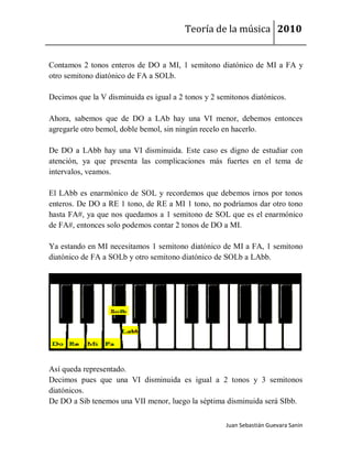Teoría de la música 2010


Contamos 2 tonos enteros de DO a MI, 1 semitono diatónico de MI a FA y
otro semitono diatónico de FA a SOLb.

Decimos que la V disminuida es igual a 2 tonos y 2 semitonos diatónicos.

Ahora, sabemos que de DO a LAb hay una VI menor, debemos entonces
agregarle otro bemol, doble bemol, sin ningún recelo en hacerlo.

De DO a LAbb hay una VI disminuida. Este caso es digno de estudiar con
atención, ya que presenta las complicaciones más fuertes en el tema de
intervalos, veamos.

El LAbb es enarmónico de SOL y recordemos que debemos irnos por tonos
enteros. De DO a RE 1 tono, de RE a MI 1 tono, no podríamos dar otro tono
hasta FA#, ya que nos quedamos a 1 semitono de SOL que es el enarmónico
de FA#, entonces solo podemos contar 2 tonos de DO a MI.

Ya estando en MI necesitamos 1 semitono diatónico de MI a FA, 1 semitono
diatónico de FA a SOLb y otro semitono diatónico de SOLb a LAbb.




Así queda representado.
Decimos pues que una VI disminuida es igual a 2 tonos y 3 semitonos
diatónicos.
De DO a Sib tenemos una VII menor, luego la séptima disminuida será SIbb.

                                                     Juan Sebastián Guevara Sanín
 
