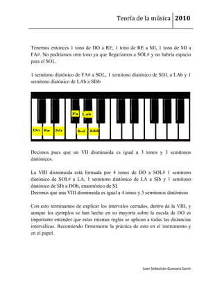 Teoría de la música 2010



Tenemos entonces 1 tono de DO a RE, 1 tono de RE a MI, 1 tono de MI a
FA#. No podríamos otro tono ya que llegaríamos a SOL# y no habría espacio
para el SOL.

1 semitono diatónico de FA# a SOL, 1 semitono diatónico de SOL a LAb y 1
semitono diatónico de LAb a SIbb




Decimos pues que un VII disminuida es igual a 3 tonos y 3 semitonos
diatónicos.

La VIII disminuida está formada por 4 tonos de DO a SOL# 1 semitono
diatónico de SOL# a LA, 1 semitono diatónico de LA a SIb y 1 semitono
diatónico de SIb a DOb, enarmónico de SI.
Decimos que una VIII disminuida es igual a 4 tonos y 3 semitonos diatónicos

Con esto terminamos de explicar los intervalos cerrados, dentro de la VIII, y
aunque los ejemplos se han hecho en su mayoría sobre la escala de DO es
importante entender que estas mismas reglas se aplican a todas las distancias
interválicas. Recomiendo firmemente la práctica de esto en el instrumento y
en el papel.




                                                     Juan Sebastián Guevara Sanín
 