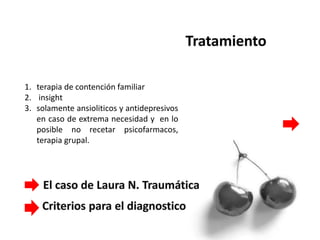 1. terapia de contención familiar
2. insight
3. solamente ansioliticos y antidepresivos
en caso de extrema necesidad y en lo
posible no recetar psicofarmacos,
terapia grupal.
 