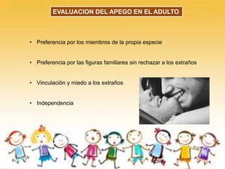 EVALUACION DEL APEGO EN EL ADULTO
• Preferencia por los miembros de la propia especie
• Preferencia por las figuras familiares sin rechazar a los extraños
• Vinculación y miedo a los extraños
• Independencia
 