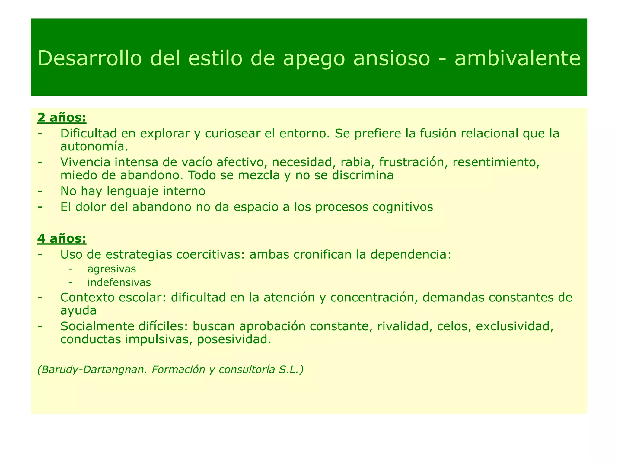 Desarrollo del estilo de apego ansioso - ambivalente2 años:Dificultad en explorar y curiosear el entorno. Se prefiere la fusión relacional que la autonomía.