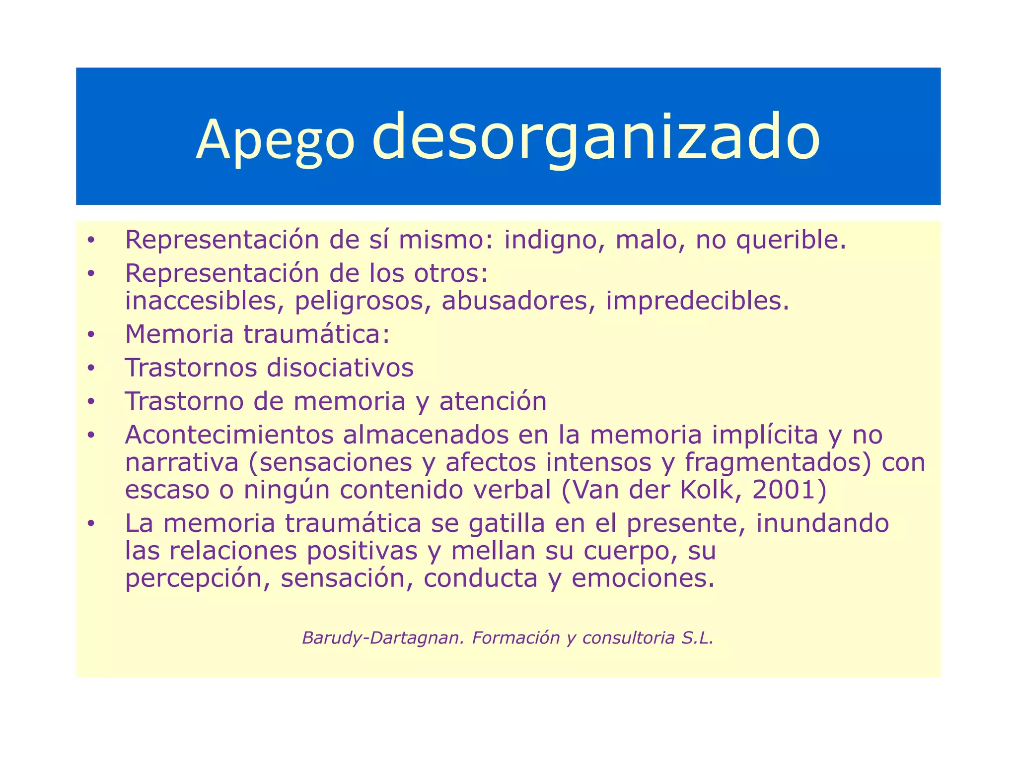 Apego EvitativoConducta del cuidador frente a la demandaReacción angustiosaNiega el desplacer que siente el niñoFuerza modificar o distorsionarRechazo, hostilidad, violenciaToma distancia física y psicológica	El bebé inhibe la conducta de apego y expresión de sus afectos. Se desconecta de sus propias emociones, necesidades y su propia inquietud (obvia, niega, disfraza o falsifica sus propias emociones).(Barudy-Dartangnan. Formación y consultoría S.L.)