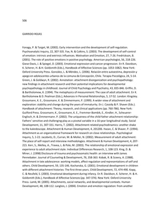 506
GARRIDO-ROJAS
Fonagy, P. & Target, M. (2002). Early intervention and the development of self-regulation.
Psychoanalytic Inquiry, 22, 307-335. Fox, N. & Calkins, S. (2003). The development of self-control
of emotion: intrinsic and extrinsic influences. Motivation and Emotion, 27, 7-26. Fredrickson, B.
(2001). The role of positive emotions in positive psychology. American psychologist, 56, 218-226.
Giese-Davis, J. & Spiegel, D. (2003). Emotional expression and cancer progression. En R. Davidson,
K. Scherer, H. & H. Goldsmith (Eds.), Handbook of Affective Sciences (pp. 1053-1082). New York:
Oxford University Press. González, L. & Méndez, L. (2006). Relación entre autoestima, depresión y
apego en adolescentes urbanos de la comuna de Concepción, Chile. Terapia Psicológica, 24, 5-14.
Green, J. & Goldwyn, R. (2002). Annotation: attachment disorganization and psychopathology:
new findings in attachment research and their potential implications for developmental
psychopathology in childhood. Journal of Child Psychology and Psychiatry, 43, 835-846. Griffin, D.
& Bartholomew, K. (1994). The metaphysics of measurement: The case of adult attachment. En K.
Bartholomew & D. Pealman (Eds.), Advances in Personal Relationships, 5, 17-52. London: Kingsley.
Grossmann, K. E., Grossmann, K. & Zimmermann, P. (1999). A wider view of attachment and
exploration: stability and change during the years of immaturity. En J. Cassidy & P. Shaver (Eds.).
Handbook of attachment: Theory, research, and clinical applications (pp. 760-786). New York:
Guilford Press. Grossmann, K., Grossmann, K. E., Fremmer-Bombik, E., Kindler, H., Scheuerer-
Englisch, H. & Zimmermann. P. (2002). The uniqueness of the child-father attachment relationship:
Fathers͛ sensitive and challenging play as a pivotal variable in a 16-year longitudinal study. Social
Development, 11, 307-331. Harris, T. (2002). Attachment-related psychodinamics: another shake
to the kaleidoscope. Attachment & Human Development, 4, 201206. Hazan, C. & Shaver, P. (1994).
Attachment as an organizational framework for research on close relationships. Psychological
Inquiry, 5, 1-22. Jacobvitz, D., Curran, M. & Moller, N. (2002). Measurement of adult attachment:
The place of self-report and interview methodologies. Attachment & Human Development, 4, 207-
215. Kerr, S., Melley, A., Travea, L. & Pole, M. (2003). The relationship of emotional expression and
experience to adult attachment style. Individual Differences Research, 1, 108-123. King, D. &
Miner, J. (1998) Disclosure of trauma and psychosomatic health: an interview with James
Pennebaker. Journal of Counseling & Development, 76, 358-363. Kobak, R. & Sceery, A. (1988).
Attachment in late adolescence: working models, affect regulation and representations of self and
others. Child Development, 59, 135-146. Kochanska, G. (2001). Emotional development in children
with different attachment histories: The first three years. Child Development, 72, 474-490. Kopp,
C. & Neufeld, S. (2003). Emotional development during infancy. En R. Davidson, K. Scherer, H. & H.
Goldsmith (Eds.), Handbook of Affective Sciences (pp. 347-374). New York: Oxford University
Press. Lamb, M. (2005). Attachments, social networks, and developmental contexts. Human
Development, 48, 108-112. Langlois, J. (2004). Emotion and emotion regulation: from another
 