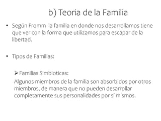 b) Teoria de la Familia
• Según Fromm la familia en donde nos desarrollamos tiene
que ver con la forma que utilizamos para escapar de la
libertad.
• Tipos de Familias:
Familias Simbioticas:
Algunos miembros de la familia son absorbidos por otros
miembros, de manera que no pueden desarrollar
completamente sus personalidades por sí mismos.
 