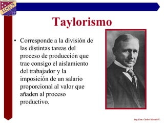 Taylorismo
• Corresponde a la división de
  las distintas tareas del
  proceso de producción que
  trae consigo el aislamiento
  del trabajador y la
  imposición de un salario
  proporcional al valor que
  añaden al proceso
  productivo.

                                 Ing.Com. Carlos Massuh V.
 