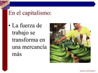 En el capitalismo:

• La fuerza de
  trabajo se
  transforma en
  una mercancía
  más

                     Ing.Com. Carlos Massuh V.
 