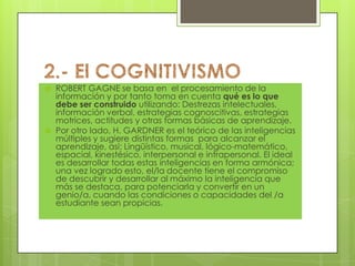 2.- El COGNITIVISMOUno de sus representantes JEAN PIAGET, teóricos de la corriente epistemológica genética; esta tiene un origen: genético, orgánico y biológico llegando a la conclusión que cada ser humano aprende a su propio ritmo.El aprendizaje se produce cuando hay una reorganización y un cambio de estructuras cognitivas. El conocimiento sigue un proceso lógico, partiendo de: la asimilación, pasa por la  acomodación para finalizar en la adaptación del nuevo conocimiento, produciendo un cambio en las estructuras cognitivas.Para este autor, la motivación, igualmente es un elemento esencial que facilita el logro del conocimiento, la motivación es inherente al estudiante y no manipulable por el/la docente, aunque muchos no comparten este criterio, toda vez que; se puede crear expectativas, interrogantes, incertidumbre, convirtiendo esto en un impulso para  crear estímulos positivos hacia la consecución de un nuevo aprendizaje.