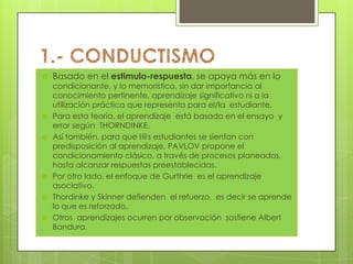 Luis Flores (Coordinador)Teorías del aprendizajePrólogoLas TEORIAS  describen la manera de, cómo aprenden las personas. Como aprenden a aprender l@s estudiantes. También el como l@s docentes aprenden cuando enseñan, considerando que hoy es un interaprendizaje.Existen varias Teorías del Aprendizaje; tenemos varias clasificaciones cuantos autores encontremos; es decir, no hay una sola clasificación; y a la vez, existen varias Teorías del Aprendizaje. Para nuestro estudio nos referiremos a tres teorías.