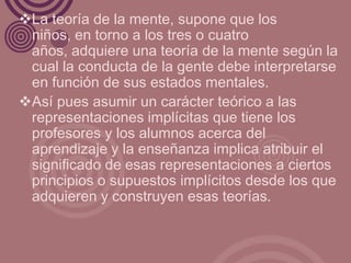 La teoría de la mente, supone que los
 niños, en torno a los tres o cuatro
 años, adquiere una teoría de la mente según la
 cual la conducta de la gente debe interpretarse
 en función de sus estados mentales.
Así pues asumir un carácter teórico a las
 representaciones implícitas que tiene los
 profesores y los alumnos acerca del
 aprendizaje y la enseñanza implica atribuir el
 significado de esas representaciones a ciertos
 principios o supuestos implícitos desde los que
 adquieren y construyen esas teorías.
 
