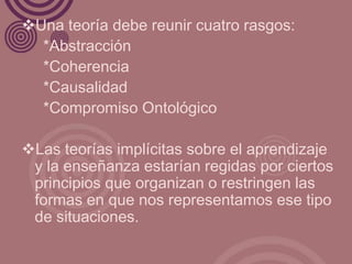 Una teoría debe reunir cuatro rasgos:
  *Abstracción
  *Coherencia
  *Causalidad
  *Compromiso Ontológico

Las teorías implícitas sobre el aprendizaje
 y la enseñanza estarían regidas por ciertos
 principios que organizan o restringen las
 formas en que nos representamos ese tipo
 de situaciones.
 