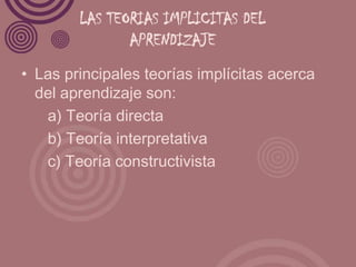 LAS TEORIAS IMPLICITAS DEL
               APRENDIZAJE
• Las principales teorías implícitas acerca
  del aprendizaje son:
   a) Teoría directa
   b) Teoría interpretativa
   c) Teoría constructivista
 