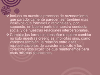  Incluso en nuestros procesos de razonamiento,
  que paradójicamente parecen ser también mas
  intuitivos que formales o racionales y, por
  supuesto, en buena parte de nuestra conducta
  social y de nuestras relaciones interpersonales.
 Cambiar las formas de enseñar requiere cambiar
  no solo nuestras creencias implícitas sino, como
  veremos también, la relación entre esas
  representaciones de carácter implícito y los
  conocimientos explícitos que mantenemos para
  esas mismas situaciones.
 