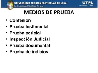 MEDIOS DE PRUEBA
•
•
•
•
•
•

Confesión
Prueba testimonial
Prueba pericial
Inspección Judicial
Prueba documental
Prueba de indicios

 