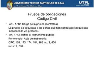 Prueba de obligaciones
Código Civil
•

Art.- 1742: Carga de la prueba (contratos)
La prueba da seguridad a las partes que han contratado sin que sea
necesaria la vía procesal.
• Art. 1743: define al instrumento público
Por ejemplo: Acta de matrimonio.
CPC: 168, 173, 174, 184, 268 inc. 2, 450
inciso 2, 637.

 