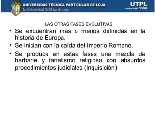 LAS OTRAS FASES EVOLUTIVAS

• Se encuentran más o menos definidas en la
historia de Europa.
• Se inician con la caída del Imperio Romano.
• Se produce en estas fases una mezcla de
barbarie y fanatismo religioso con absurdos
procedimientos judiciales (Inquisición)

 